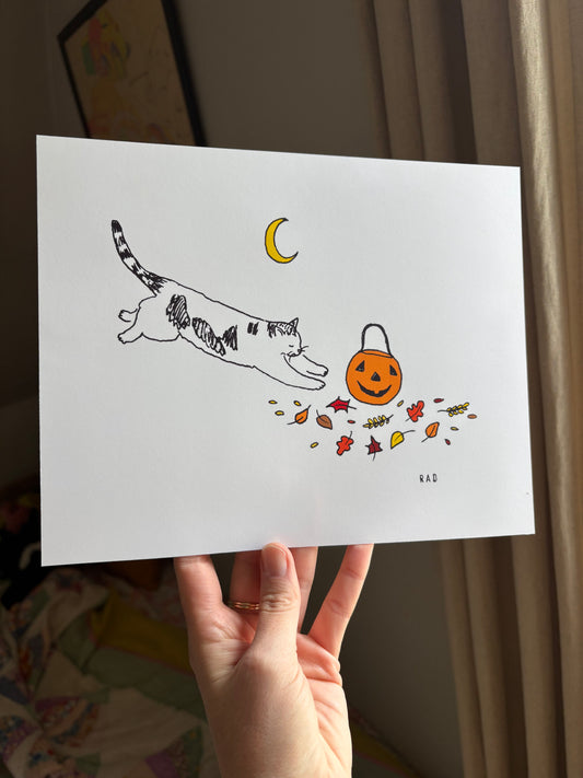 Color Halloween Cat Scene Print 8x10 inches